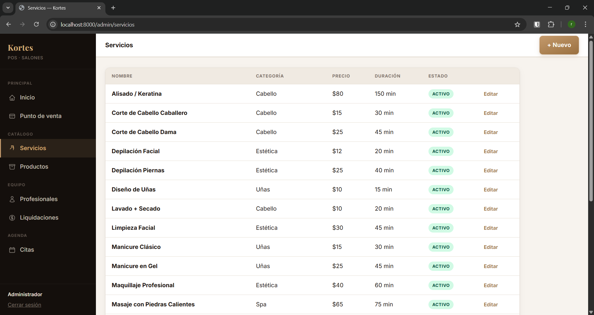 Catálogo de servicios con nombre, categoría, precio, duración y estado